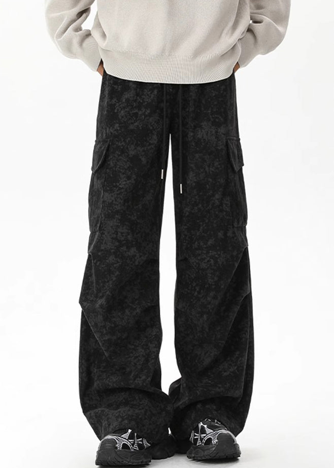 Chic Men Khaki Waist Pants Pockets Elastic Corduroy Dye Tie