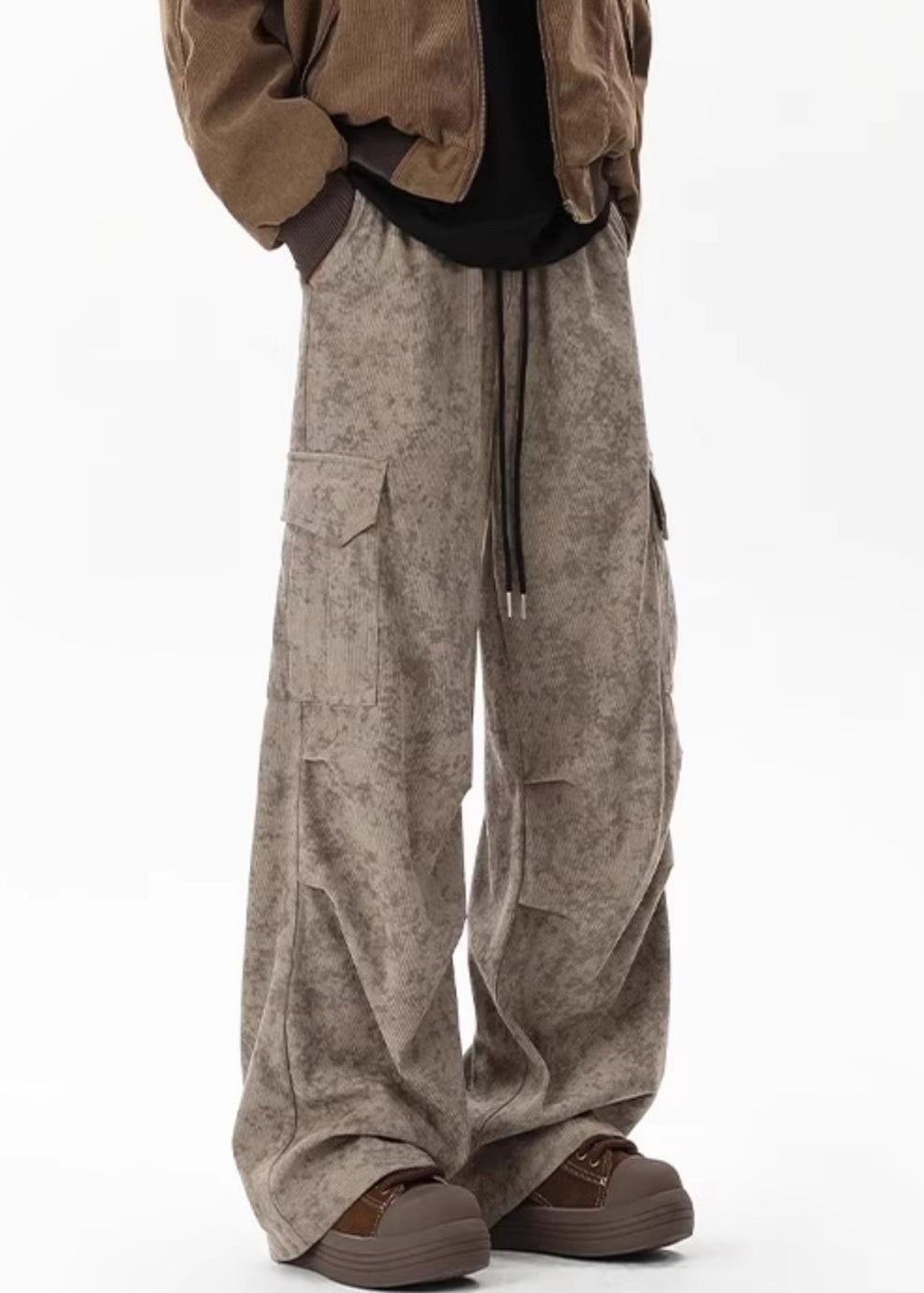 Chic Men Khaki Waist Pants Pockets Elastic Corduroy Dye Tie