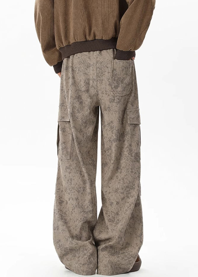 Chic Men Khaki Waist Pants Pockets Elastic Corduroy Dye Tie