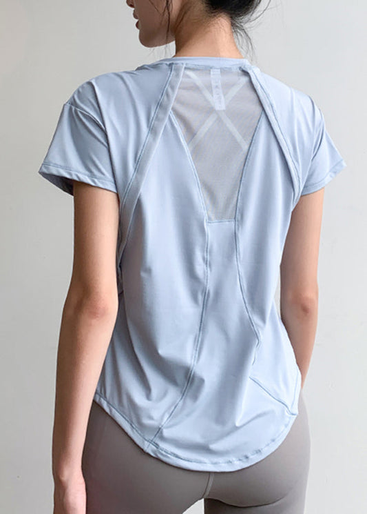 Short Blue Light Yoga Chic Sleeve Tulle Patchwork Top