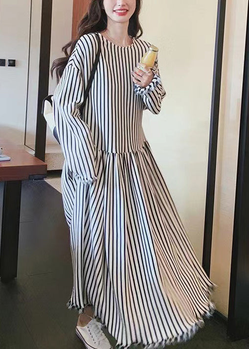 Chic O Neck Striped Patchwork Cotton Long Dresses Long Sleeve BV038