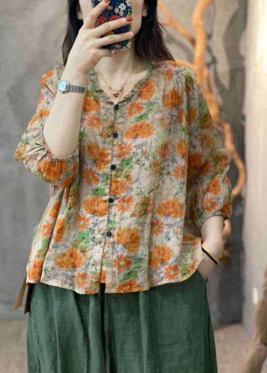 Chic Orange Print Ruffled Patchwork Button Shirt Long Sleeve GH1084