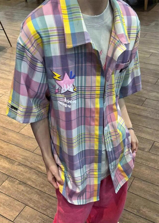 Shirt Collar Men Pan Cotton Chic Pockets Plaid Summer Peter