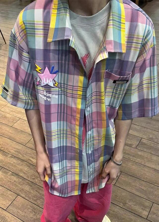 Shirt Collar Men Pan Cotton Chic Pockets Plaid Summer Peter