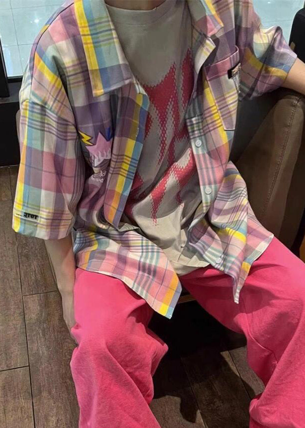 Shirt Collar Men Pan Cotton Chic Pockets Plaid Summer Peter