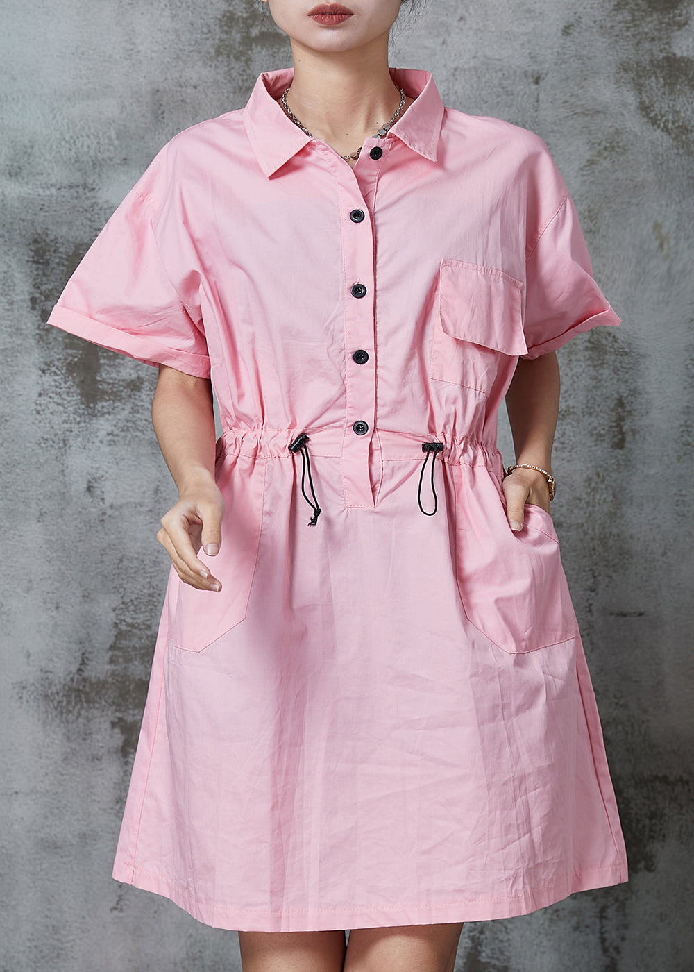 Chic Pink Cinched Cotton Vacation Dress Summer AL1013