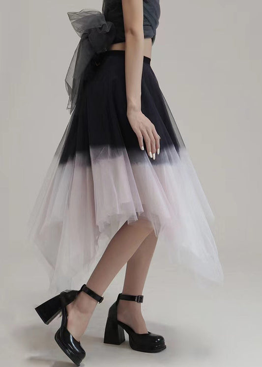 Chic Pink Gradient Color Asymmetrical High Waist Tulle Skirt Summer Ada Fashion