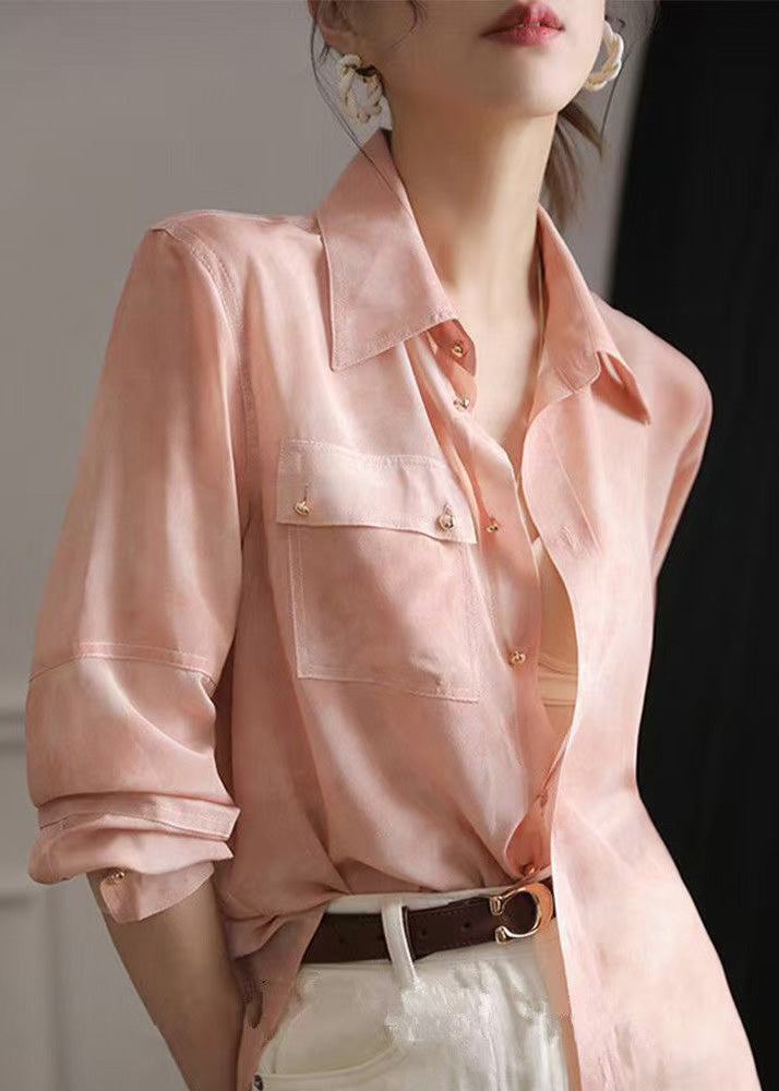 Button Chic Chiffon Pink Pan Collar Peter Top Spring Blouse