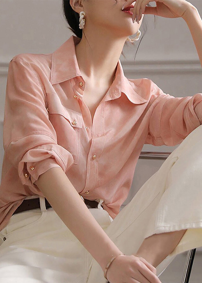 Button Chic Chiffon Pink Pan Collar Peter Top Spring Blouse