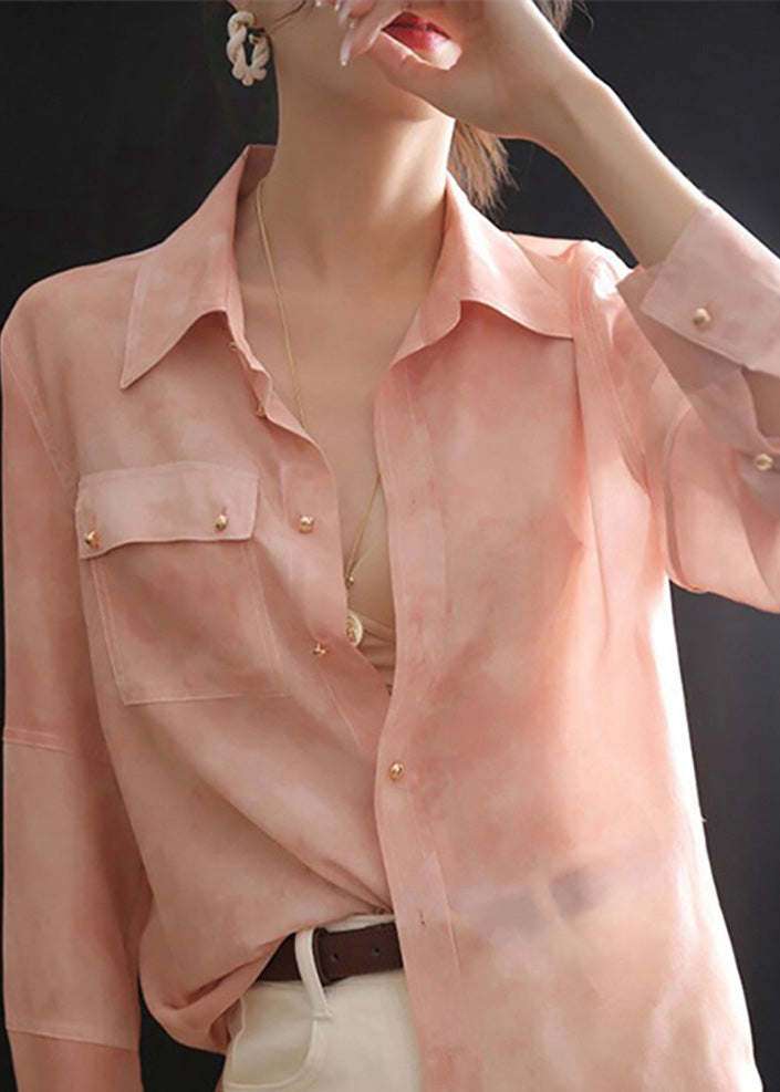 Button Chic Chiffon Pink Pan Collar Peter Top Spring Blouse