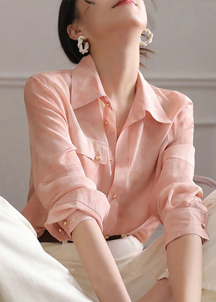 Button Chic Chiffon Pink Pan Collar Peter Top Spring Blouse