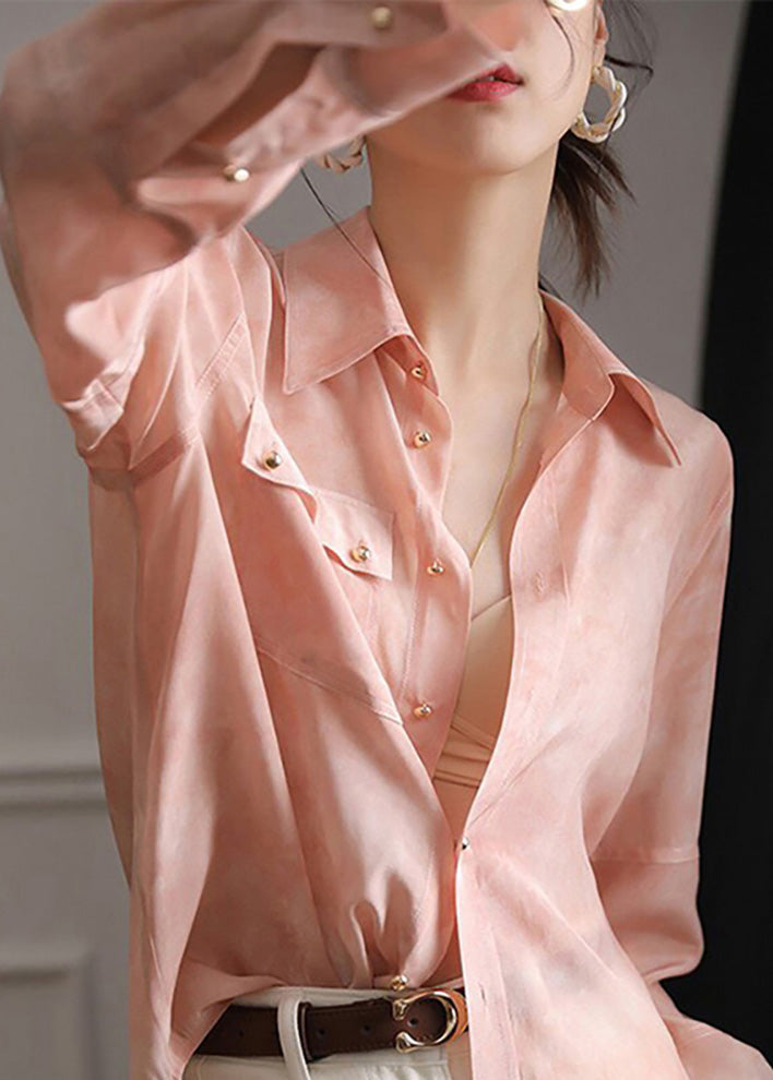 Button Chic Chiffon Pink Pan Collar Peter Top Spring Blouse