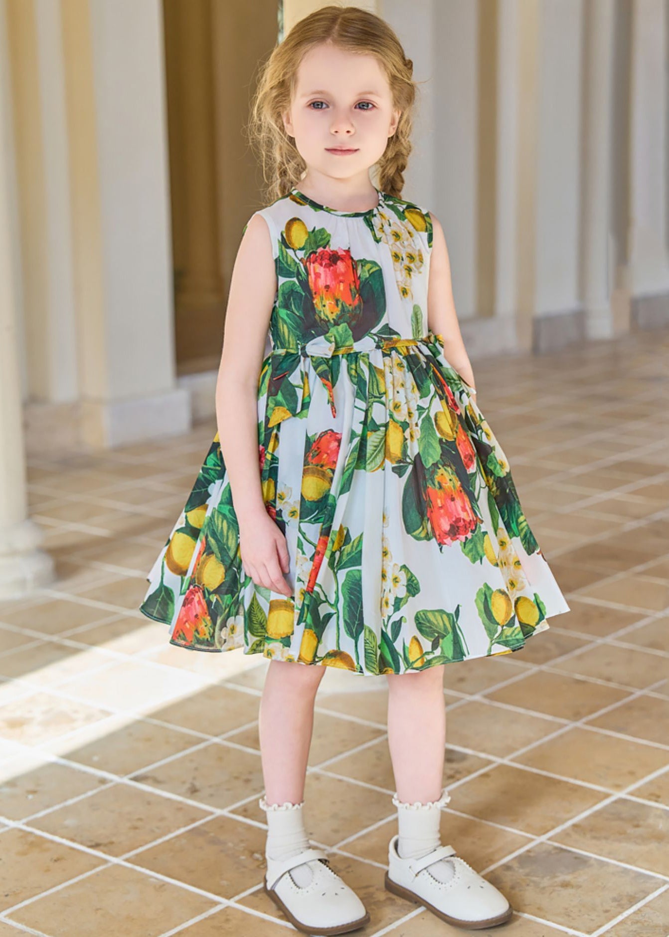 Chic Pink Print Bow Cotton Girls Dress Sleeveless TT014