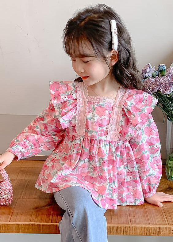 Chic Pink Ruffled Button Print Cotton Girls Shirt Long Sleeve YU1036