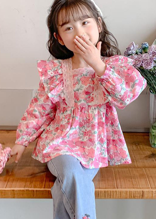 Chic Pink Ruffled Button Print Cotton Girls Shirt Long Sleeve YU1036