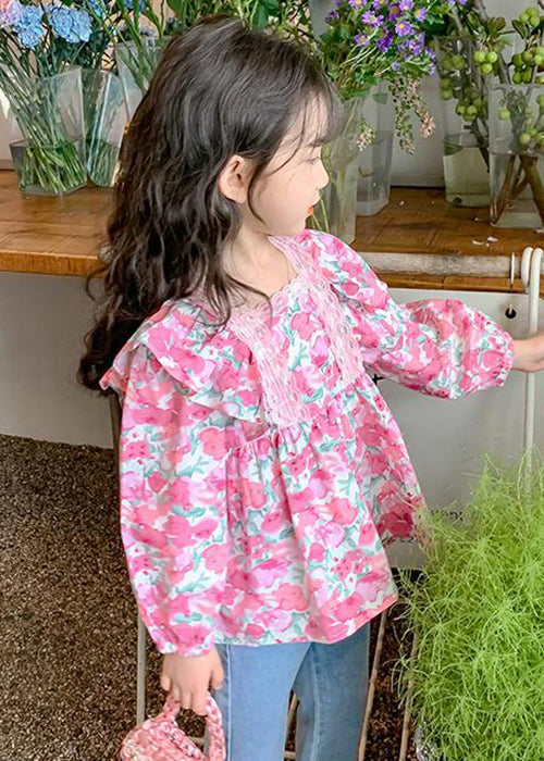 Chic Pink Ruffled Button Print Cotton Girls Shirt Long Sleeve YU1036