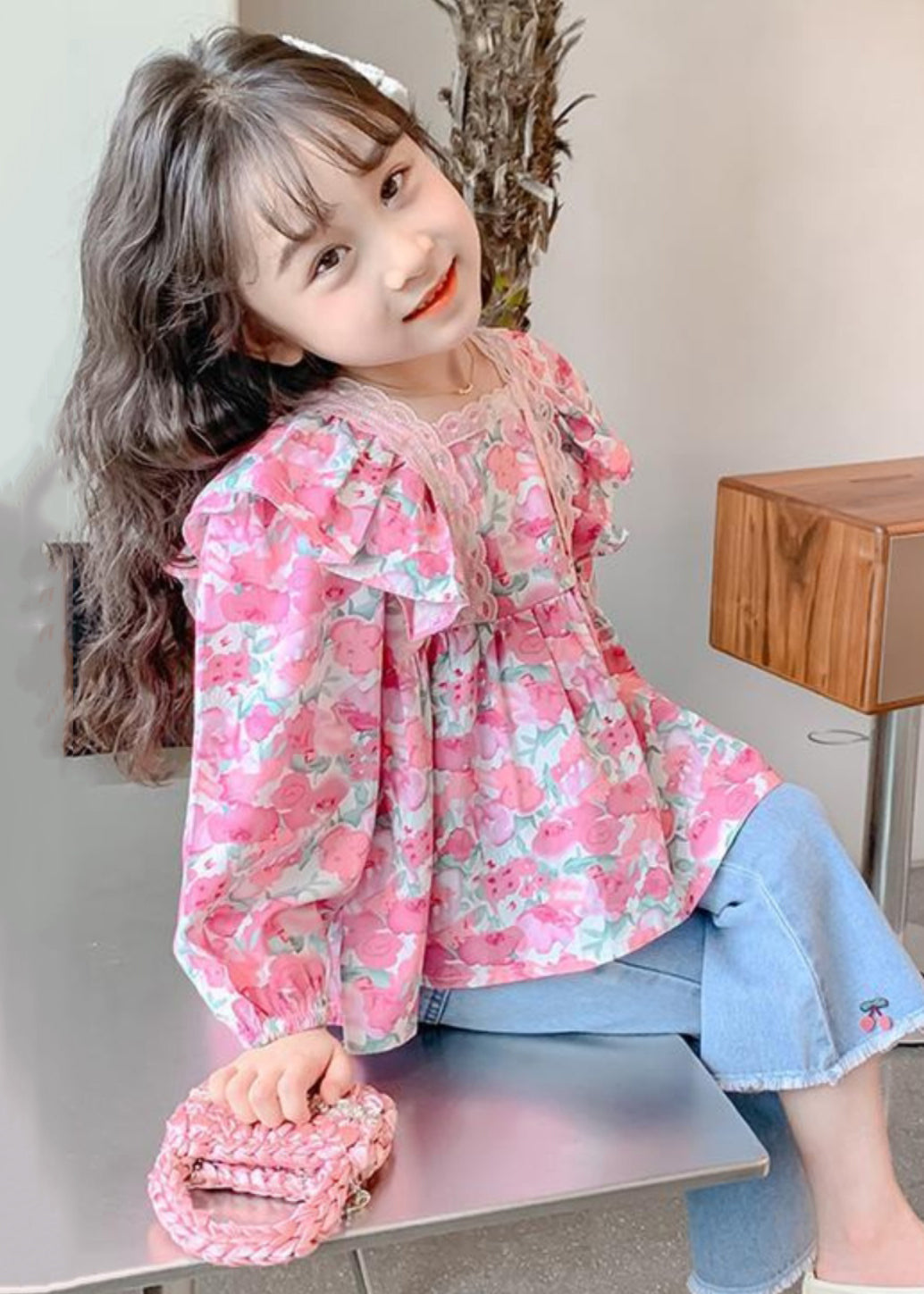 Chic Pink Ruffled Button Print Cotton Girls Shirt Long Sleeve YU1036