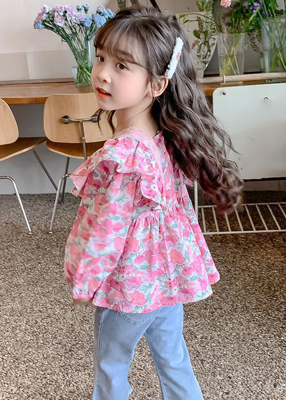 Chic Pink Ruffled Button Print Cotton Girls Shirt Long Sleeve YU1036