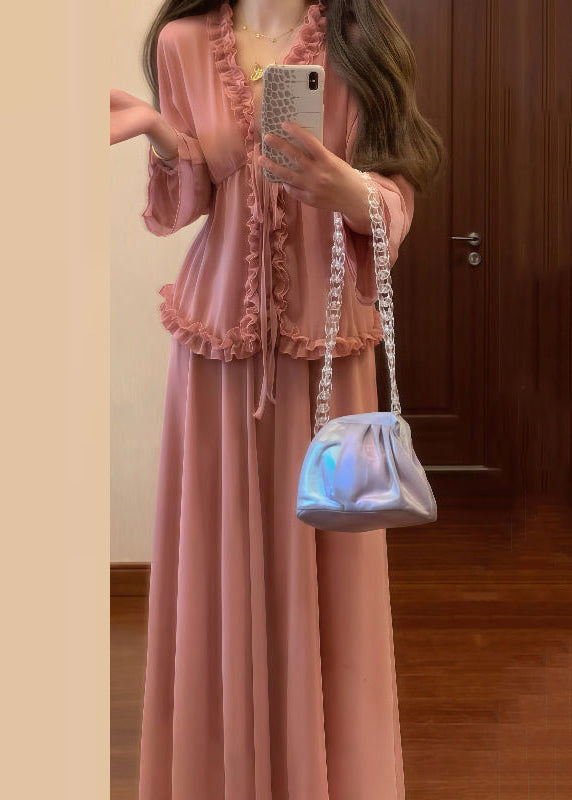 And Pink Up Ruffled Chic Lace Pieces Set Two Skirts Shirt Chiffon