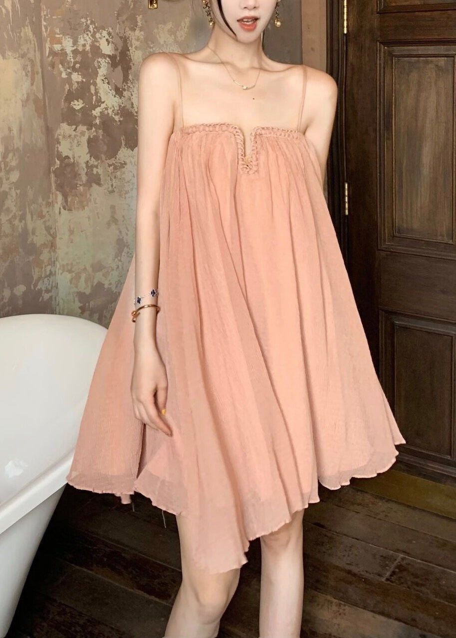 Tulle Summer Spaghetti Chic Dress Pink Wrinkled Strap