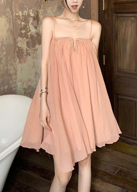 Tulle Summer Spaghetti Chic Dress Pink Wrinkled Strap