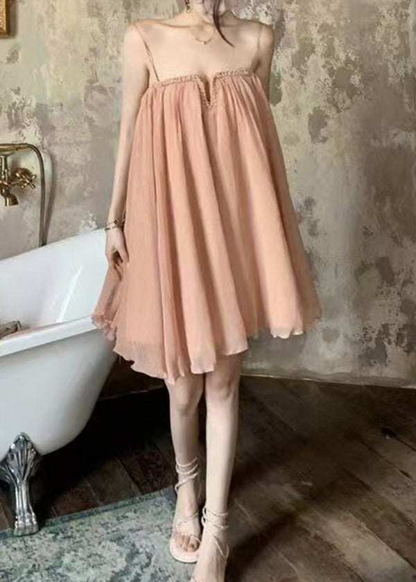 Tulle Summer Spaghetti Chic Dress Pink Wrinkled Strap