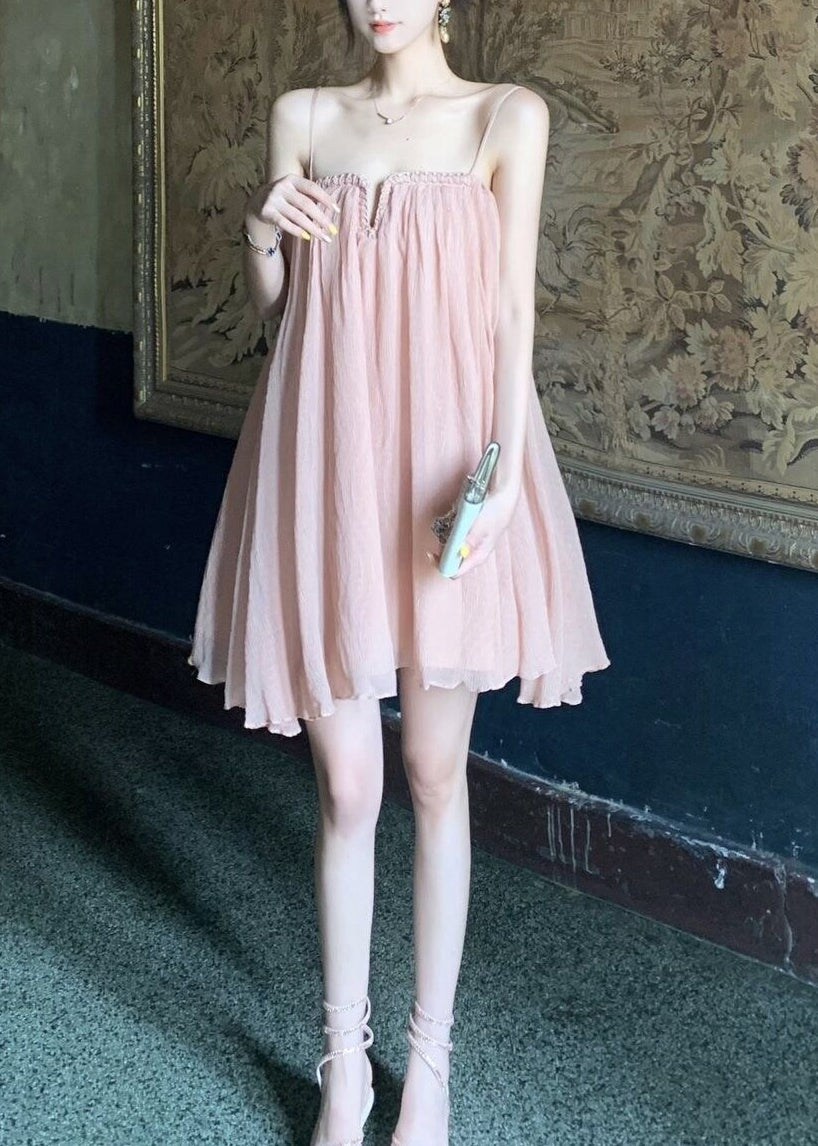 Tulle Summer Spaghetti Chic Dress Pink Wrinkled Strap
