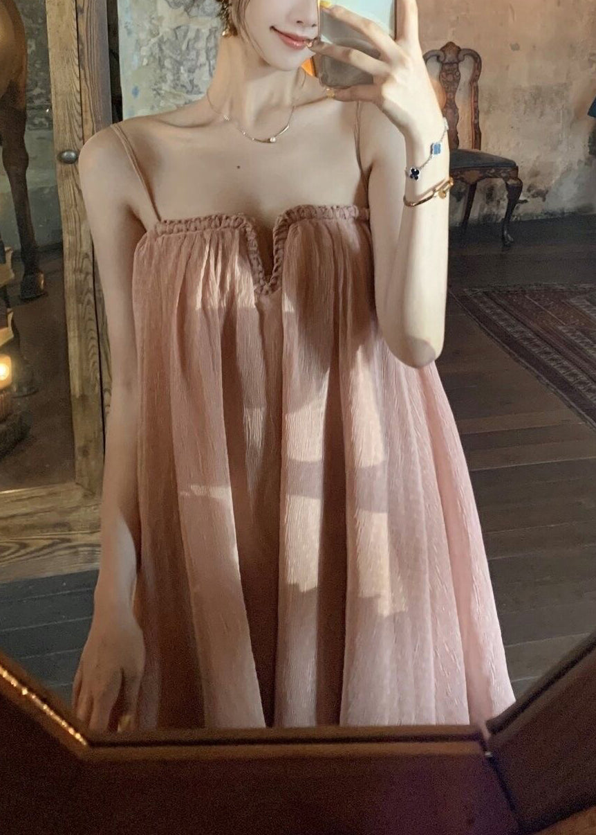 Tulle Summer Spaghetti Chic Dress Pink Wrinkled Strap