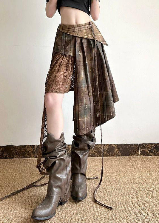 Patchwork Cotton Summer Skirt Chic Asymmetrical Lace Plaid