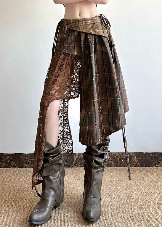 Patchwork Cotton Summer Skirt Chic Asymmetrical Lace Plaid