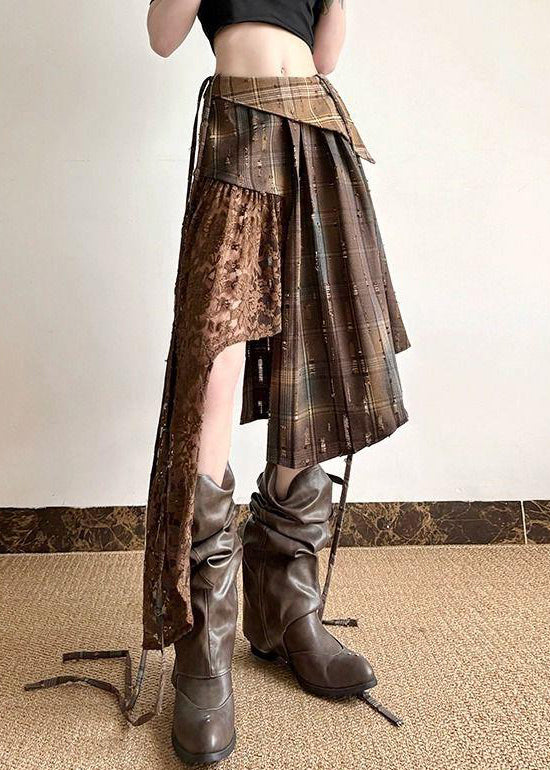 Patchwork Cotton Summer Skirt Chic Asymmetrical Lace Plaid