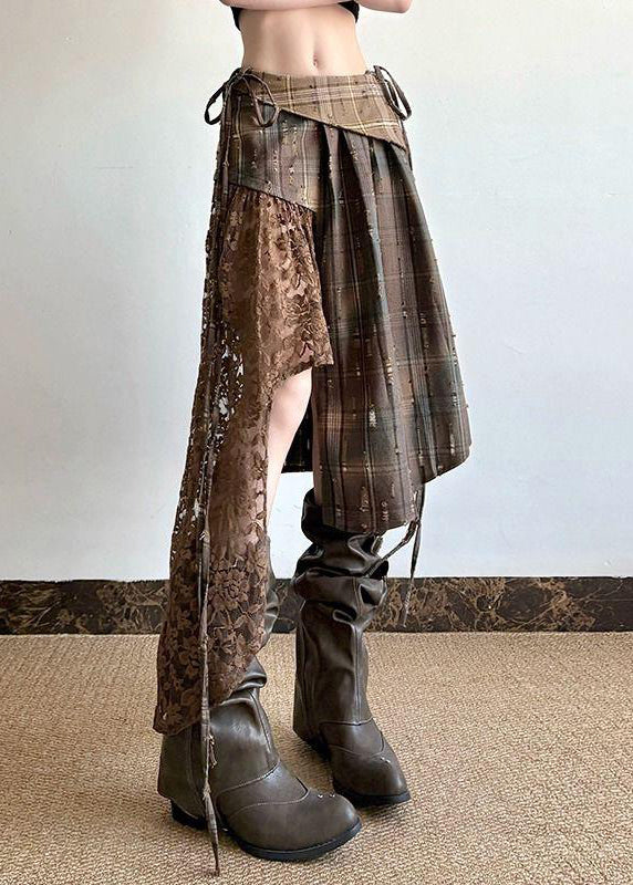 Patchwork Cotton Summer Skirt Chic Asymmetrical Lace Plaid