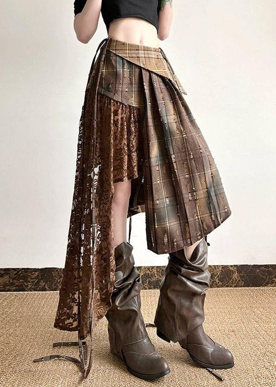 Patchwork Cotton Summer Skirt Chic Asymmetrical Lace Plaid