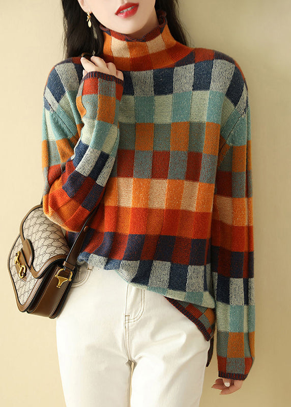 Sweaters Plaid Knit Spring Turtleneck Chic Cozy