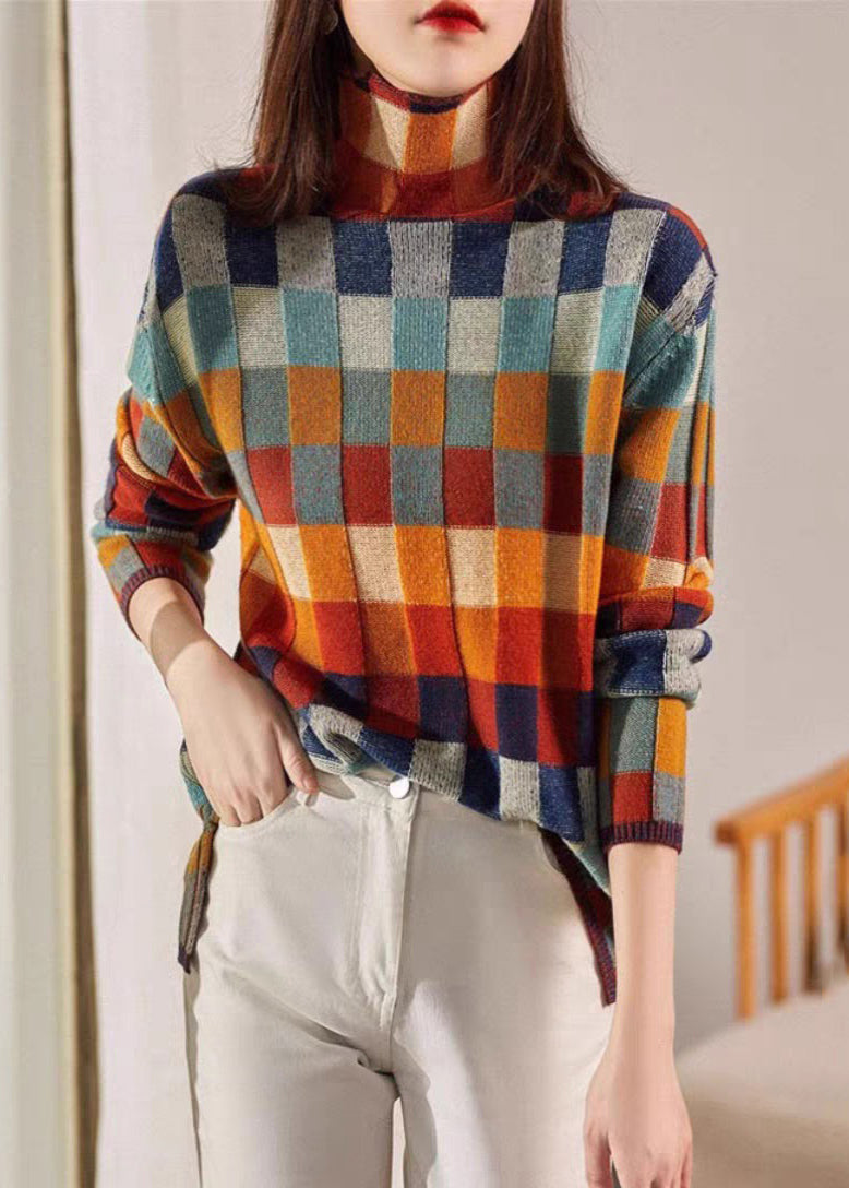 Sweaters Plaid Knit Spring Turtleneck Chic Cozy