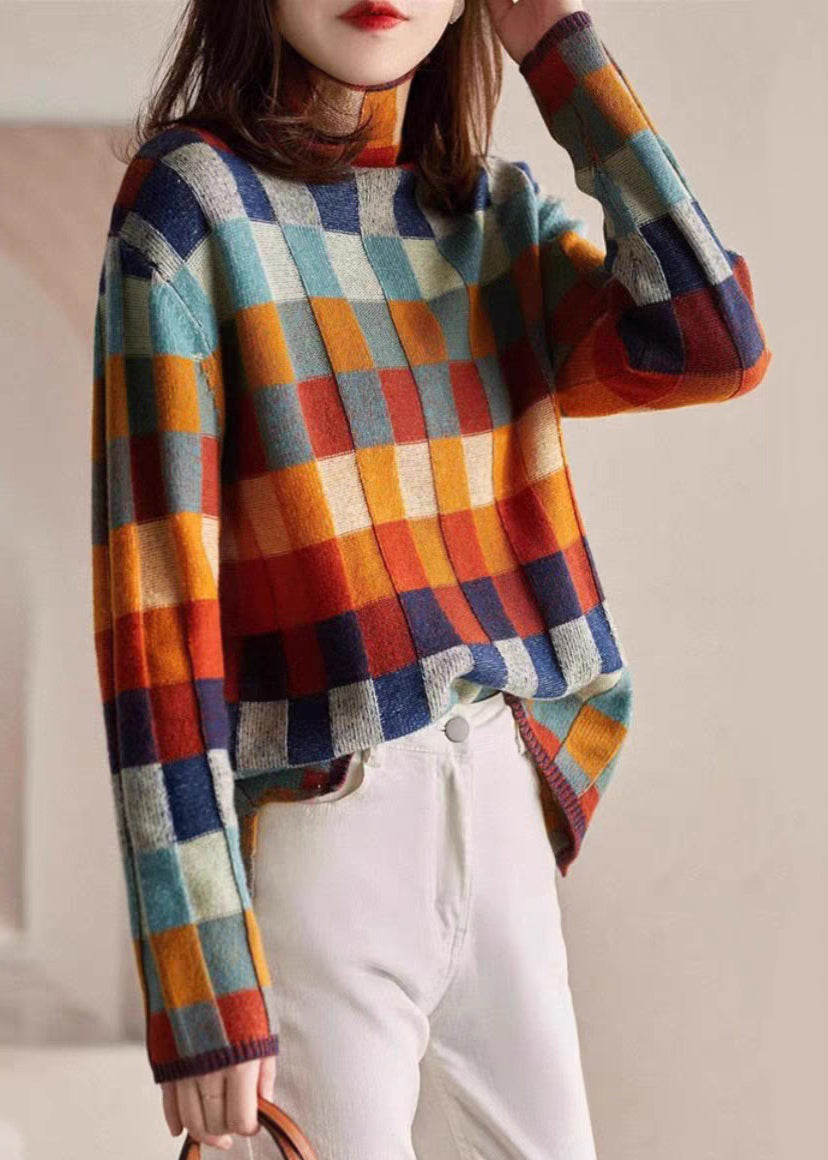 Sweaters Plaid Knit Spring Turtleneck Chic Cozy