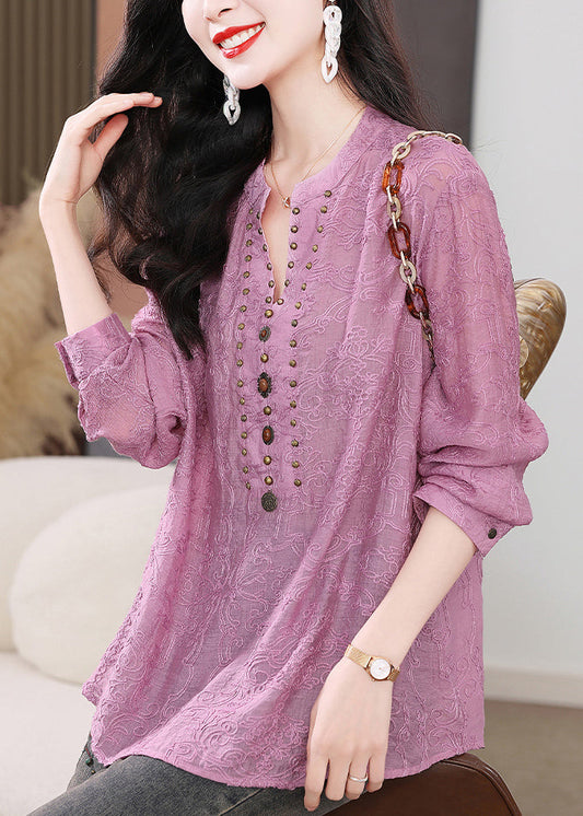 Embroidered Purple Chic Cotton Sleeve Nail Long Shirts Bead
