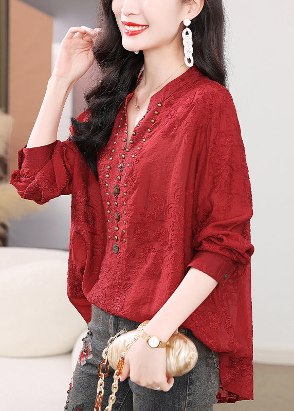 Embroidered Purple Chic Cotton Sleeve Nail Long Shirts Bead