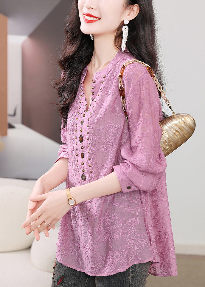 Embroidered Purple Chic Cotton Sleeve Nail Long Shirts Bead