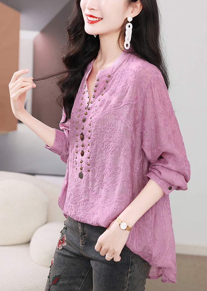 Embroidered Purple Chic Cotton Sleeve Nail Long Shirts Bead