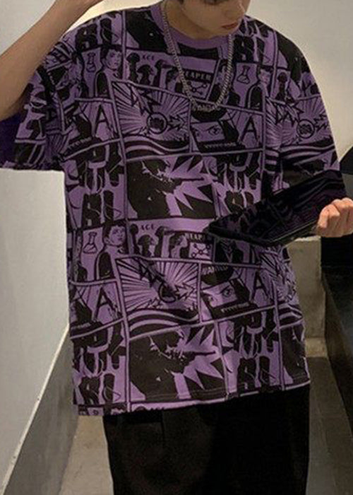 Shirts O Print Summer T Chic Neck Cotton Men Purple