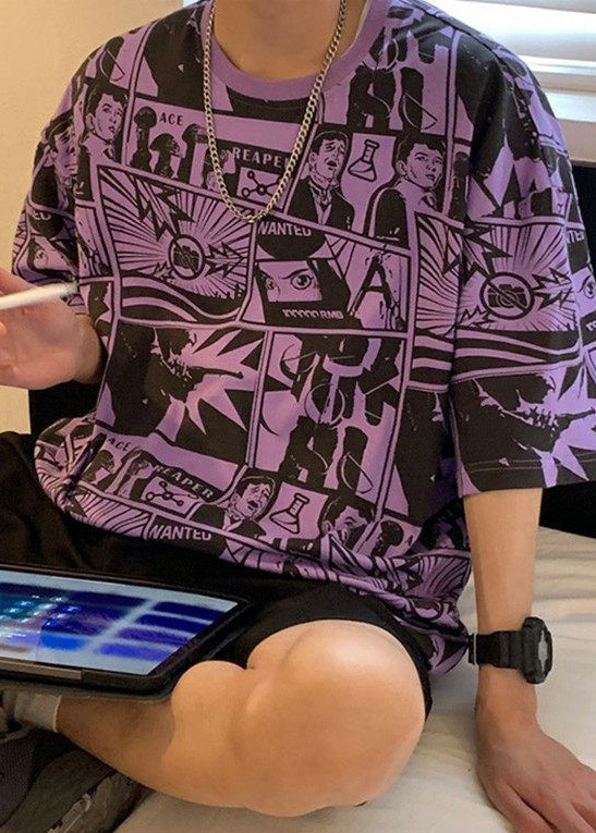 Shirts O Print Summer T Chic Neck Cotton Men Purple