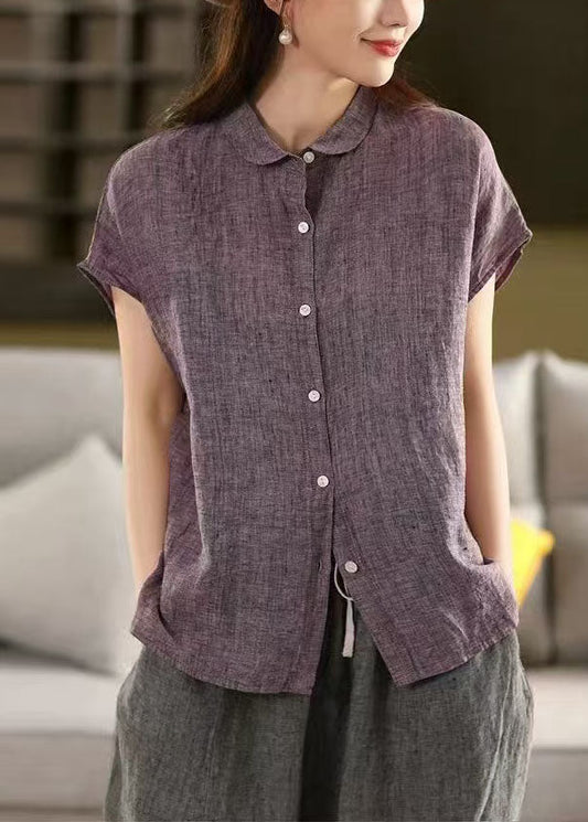 Peter Pan Top Summer Linen Shirt Chic Purple Collar