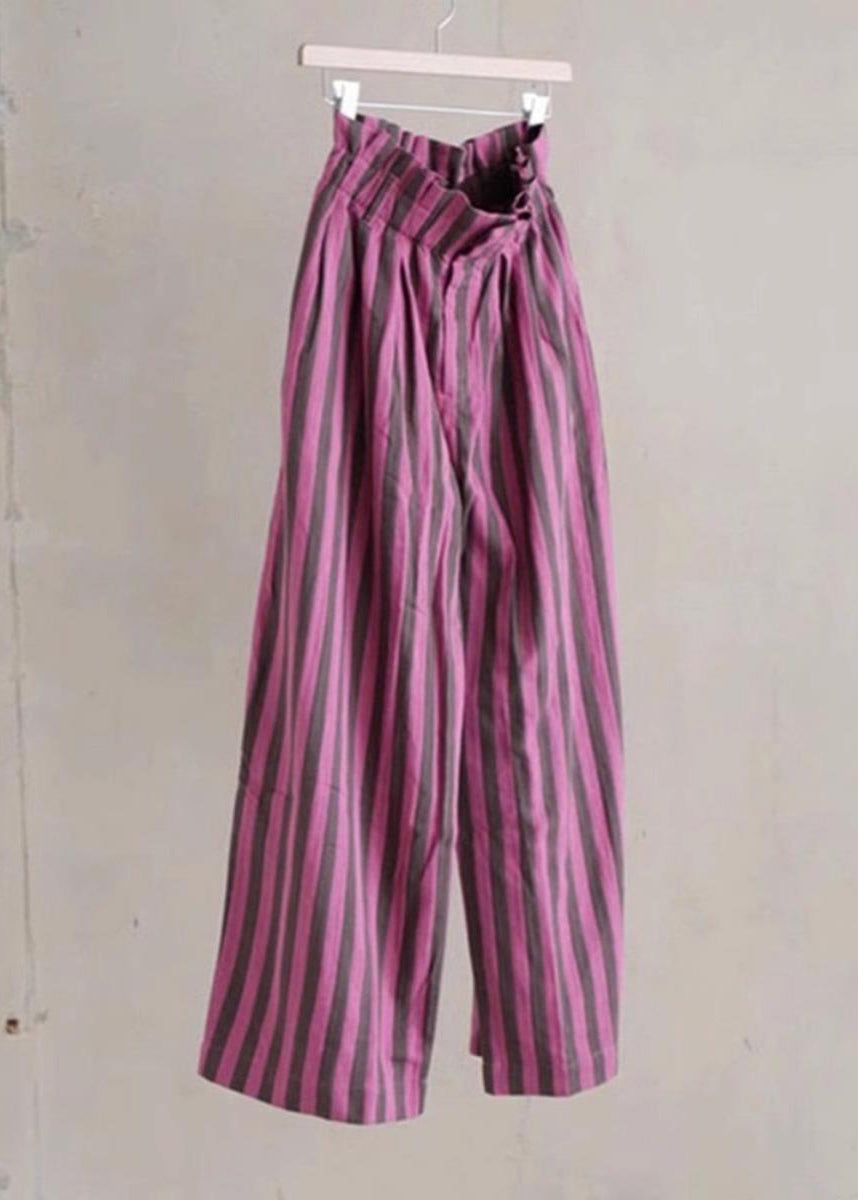 Chic Purple Striped Elastic Waist Cotton Wide Leg Pants Summer G190