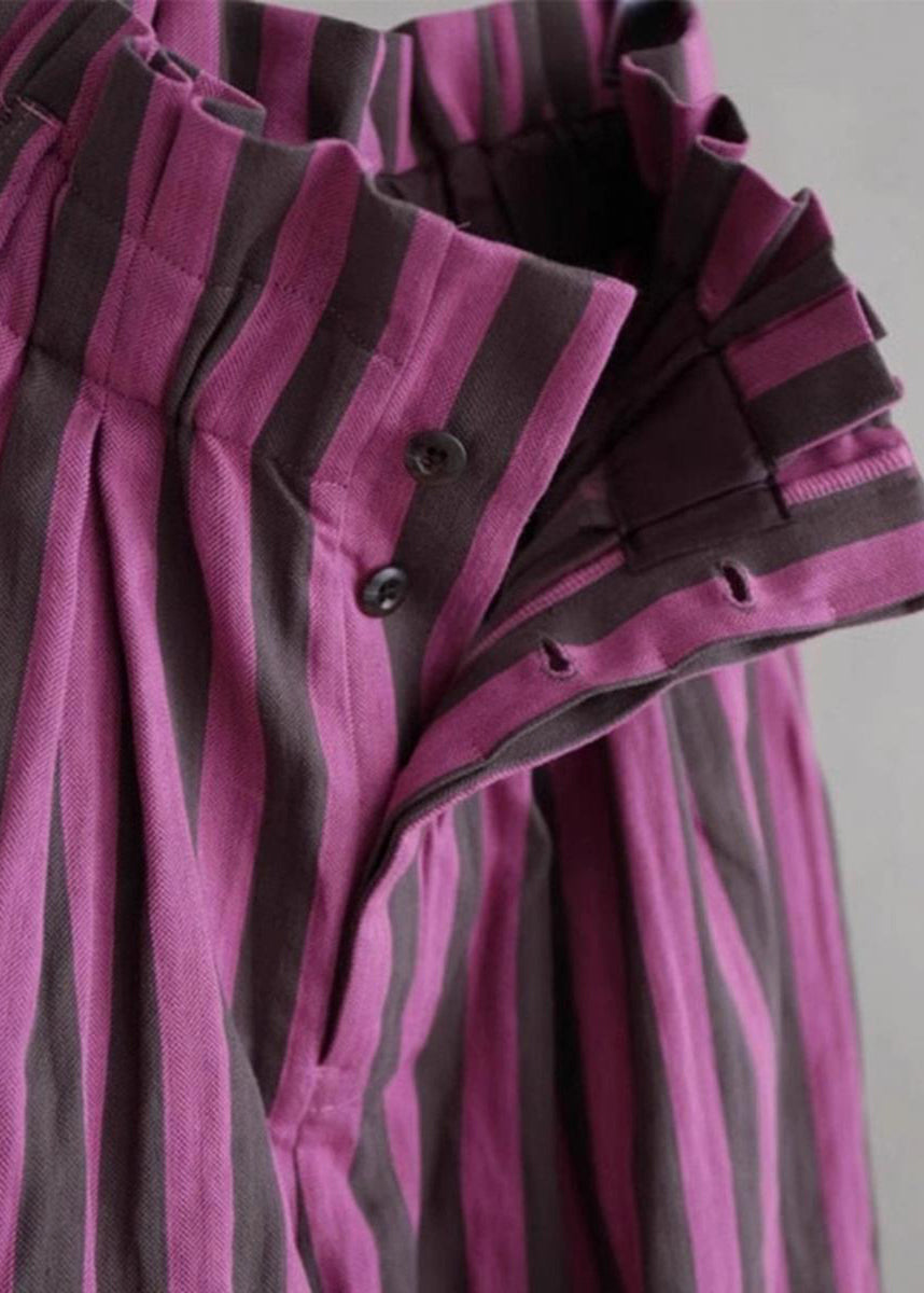 Chic Purple Striped Elastic Waist Cotton Wide Leg Pants Summer G190