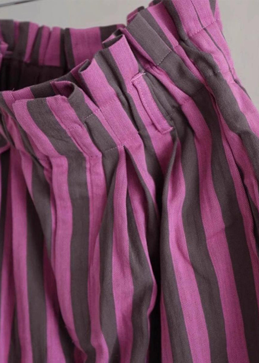 Chic Purple Striped Elastic Waist Cotton Wide Leg Pants Summer G190