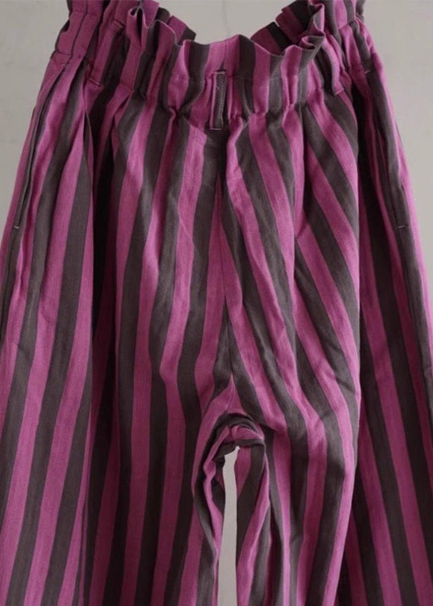 Chic Purple Striped Elastic Waist Cotton Wide Leg Pants Summer G190