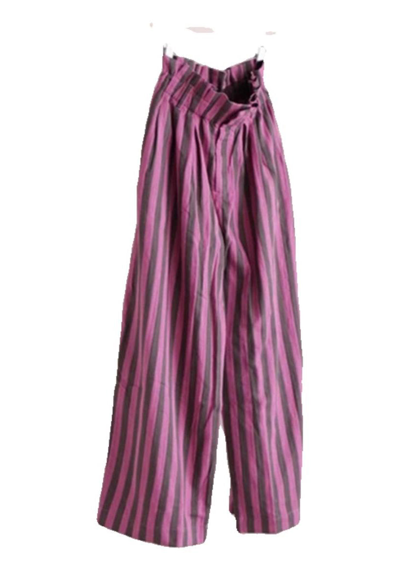 Chic Purple Striped Elastic Waist Cotton Wide Leg Pants Summer G190