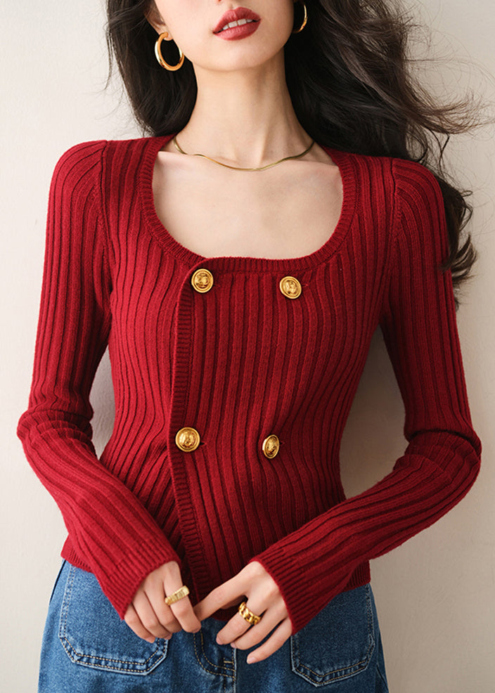 Chic Red O Neck Double Breast Knit Cardigan Spring TO017