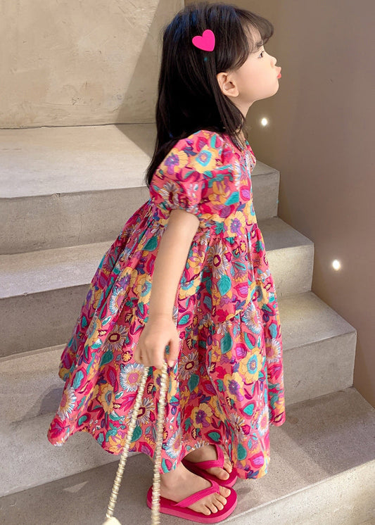 Robe longue rouge chic à col rond et manches courtes en coton pour fille EW054